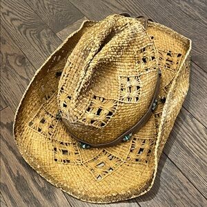 New West Collection Straw Cowboy Hat Turquoise Beads Leather Band Boho Western